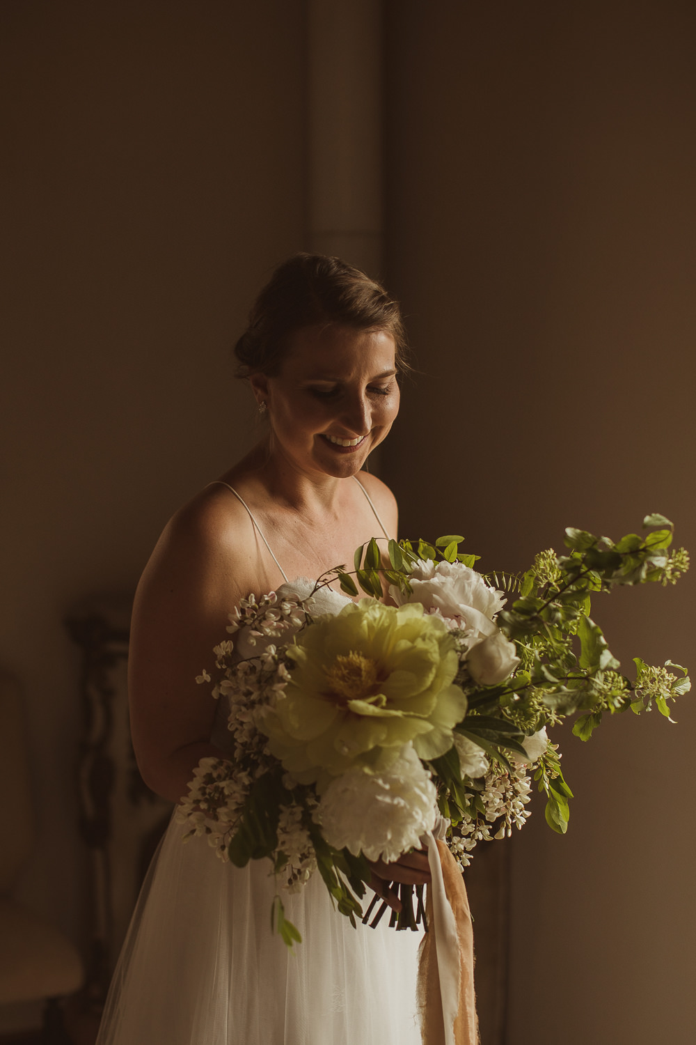 Bride Bridal Bouquet Flowers White Peony Peonies Greenery Foliage Ribbons Italy Villa Wedding The Springles