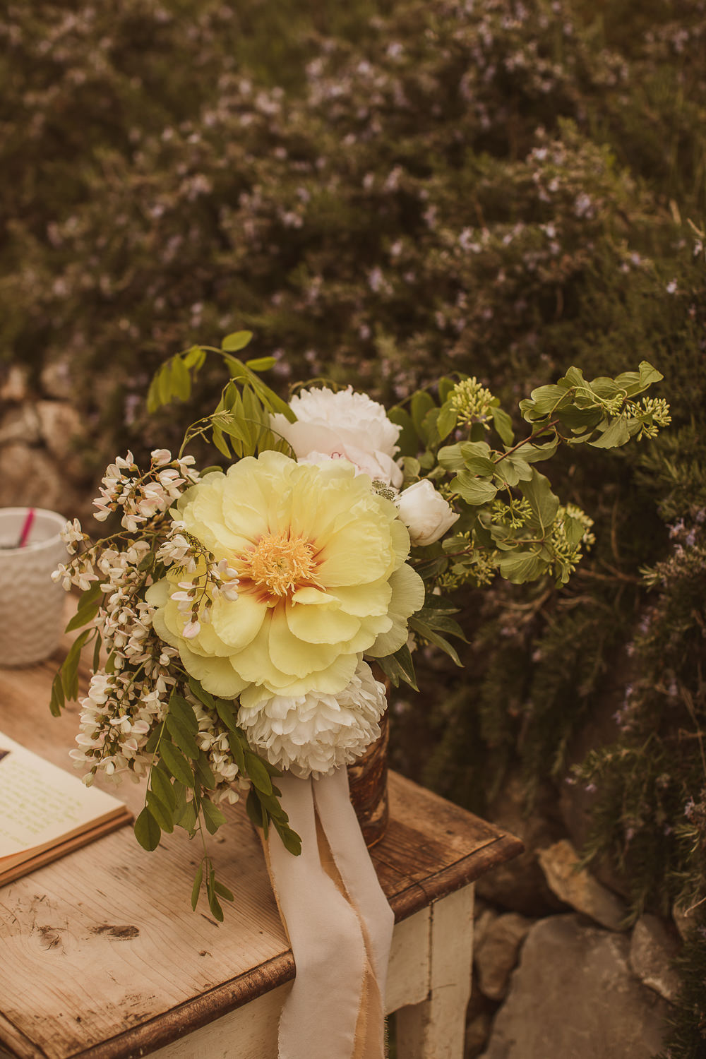 Bride Bridal Bouquet Flowers White Peony Peonies Greenery Foliage Ribbons Italy Villa Wedding The Springles