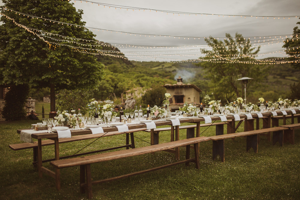 Outdoor Reception Meal Long Tables Festoon Lights Fairy Light Canopy Italy Villa Wedding The Springles