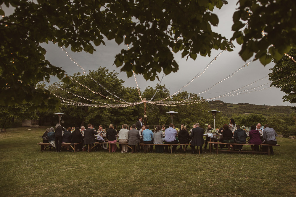 Outdoor Reception Meal Long Tables Festoon Lights Fairy Light Canopy Italy Villa Wedding The Springles