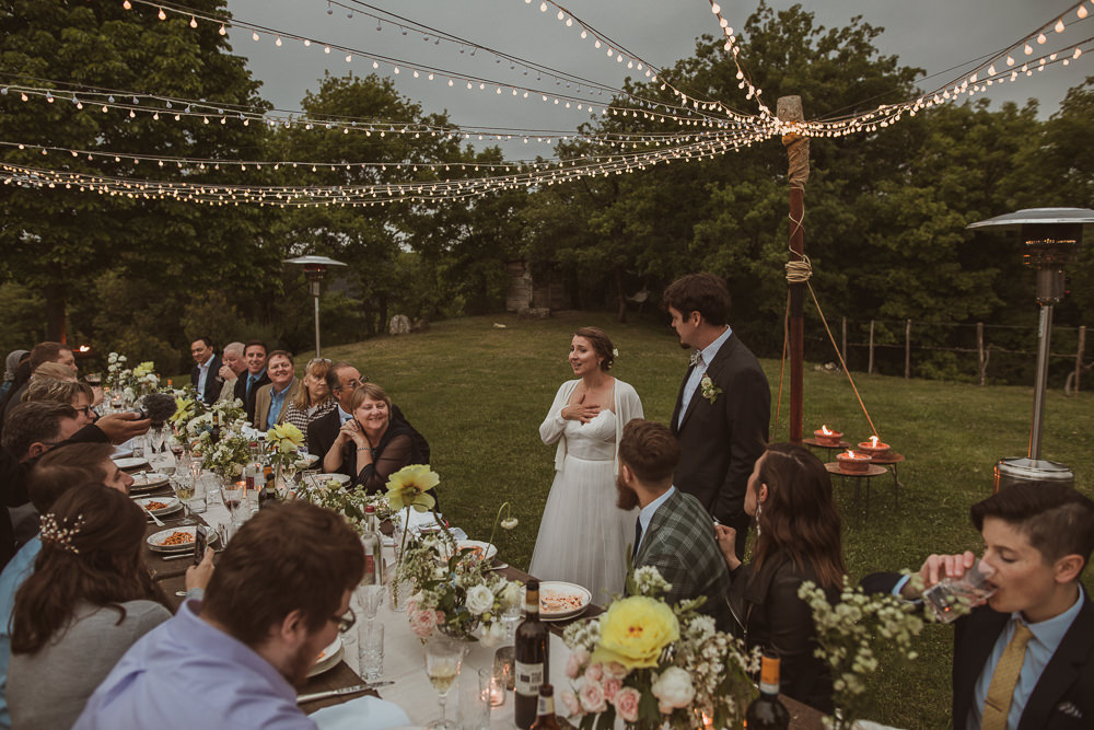 Outdoor Reception Meal Long Tables Festoon Lights Fairy Light Canopy Italy Villa Wedding The Springles