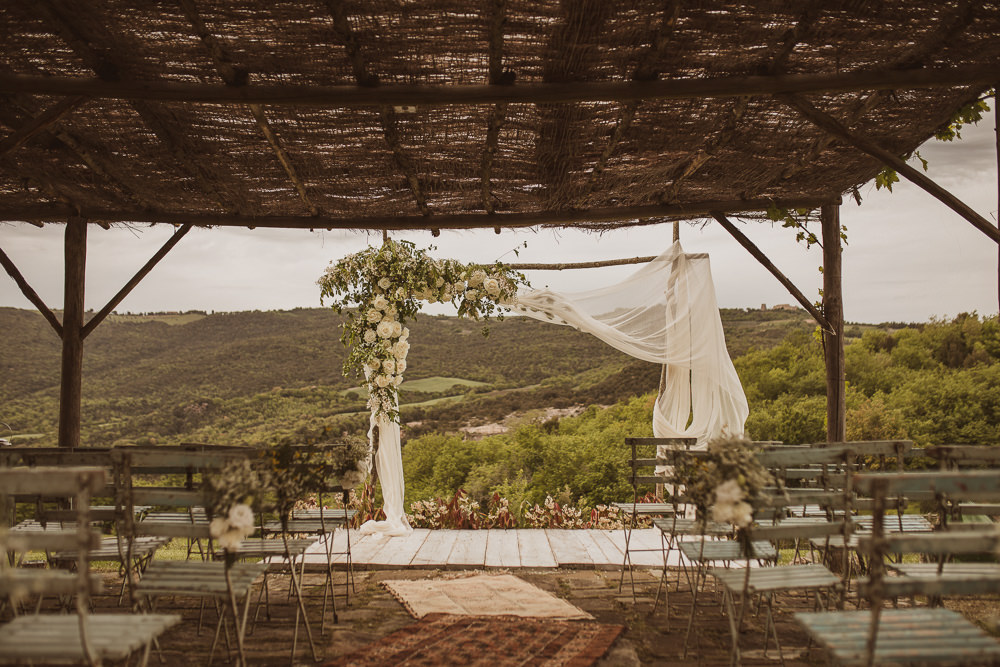 Outdoor Ceremony Backdrop Flower Arch Greenery Fabric Drapes Italy Villa Wedding The Springles