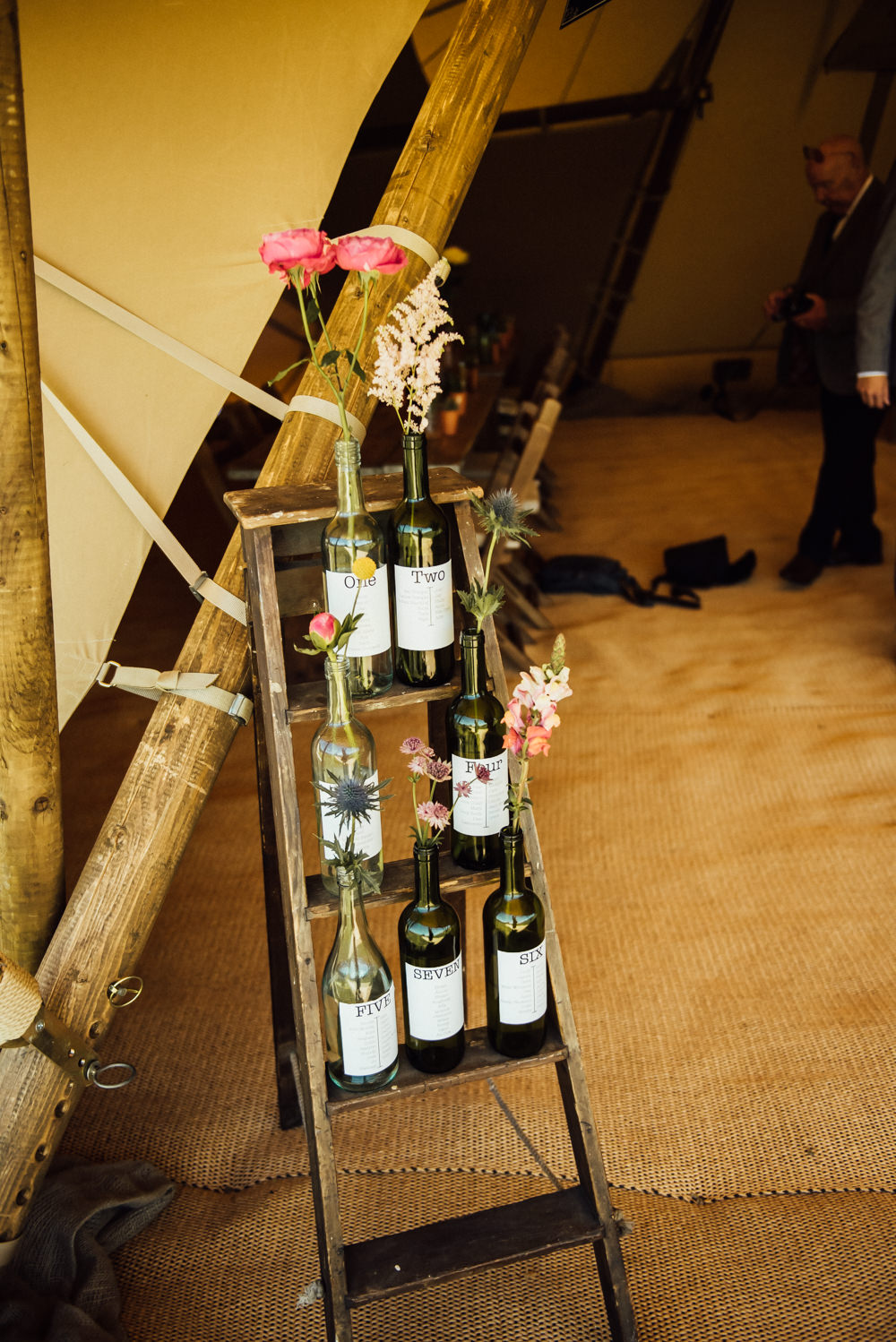 Table Plan Seating Wooden Ladder Bottle Flowers Long Furlong Farm Wedding Michelle Wood Photographer