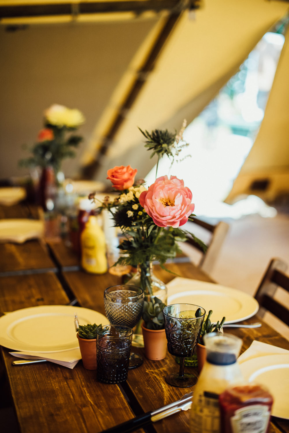 Rustic Wooden Tables Decor Decoration Bottle Flowers Long Furlong Farm Wedding Michelle Wood Photographer