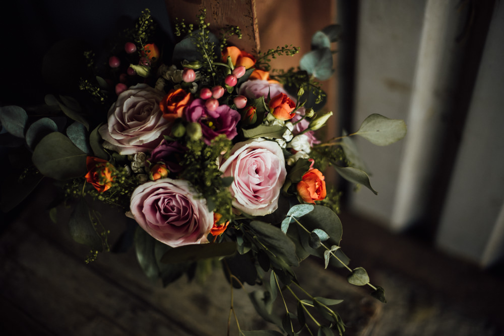 Bouquet Flowers Bride Bridal Pink Coral Rose Greenery Eucalyptus Long Furlong Farm Wedding Michelle Wood Photographer