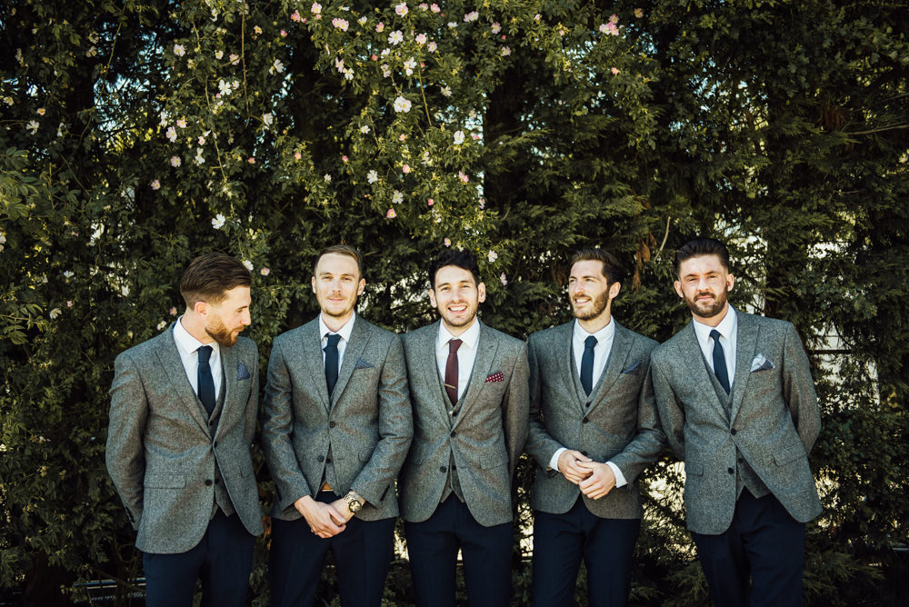 Groom Groomsmen Grey Suits Navy Chinos Burgundy Tie Long Furlong Farm Wedding Michelle Wood Photographer