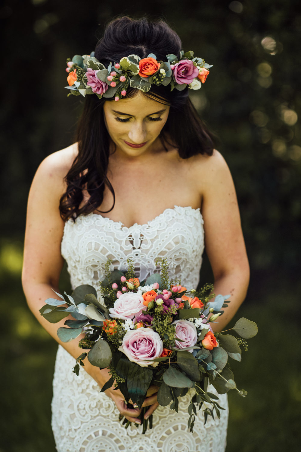 Bouquet Flowers Bride Bridal Pink Coral Rose Greenery Eucalyptus Flower Crown Long Furlong Farm Wedding Michelle Wood Photographer