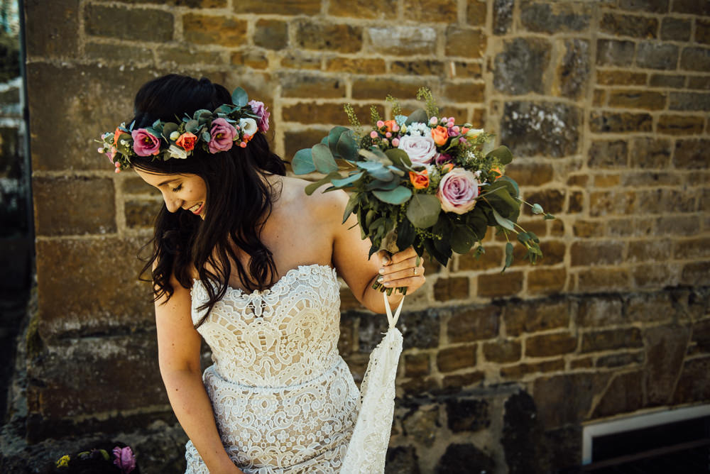 Bouquet Flowers Bride Bridal Pink Coral Rose Greenery Eucalyptus Flower Crown Long Furlong Farm Wedding Michelle Wood Photographer