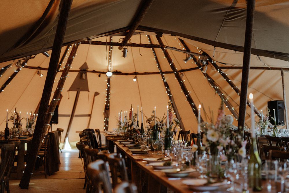 Tipi Reception Decor Decoration Candles Fairy Lights Flowers Outdoor Wedding UK Olivia and Dan Photography