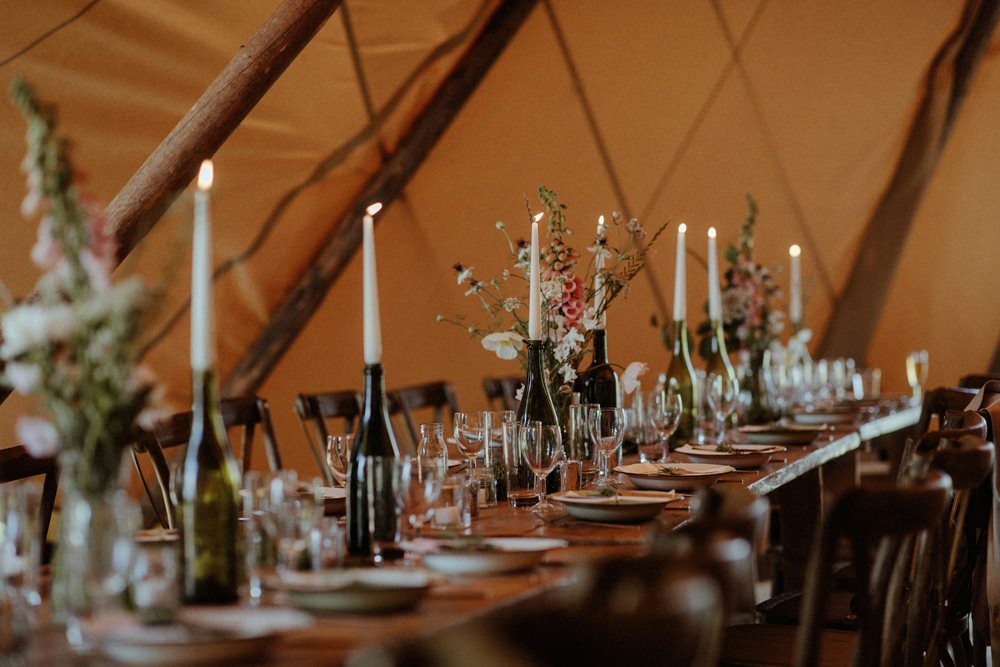 Tipi Reception Decor Decoration Candles Fairy Lights Flowers Outdoor Wedding UK Olivia and Dan Photography