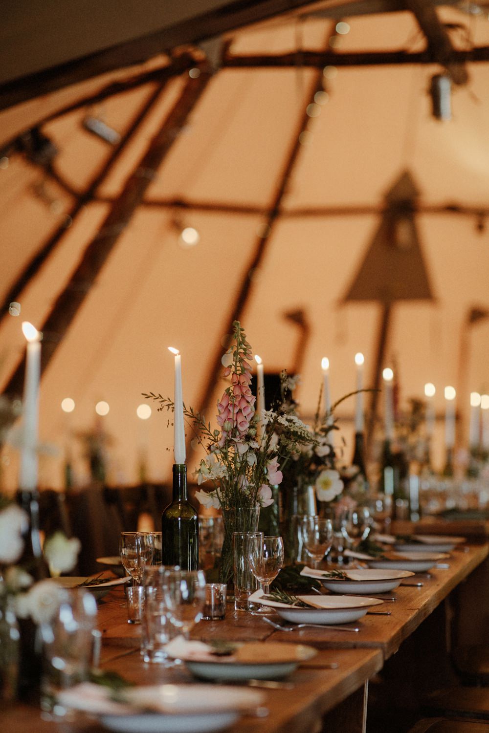 Tipi Reception Decor Decoration Candles Fairy Lights Flowers Outdoor Wedding UK Olivia and Dan Photography
