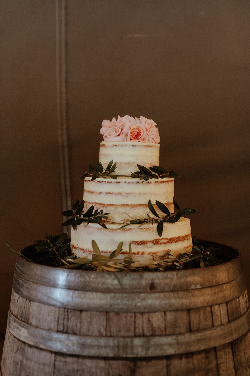 Buttercream Semi Naked Cake Sponge Layer Flowers Barrel Outdoor Wedding UK Olivia and Dan Photography