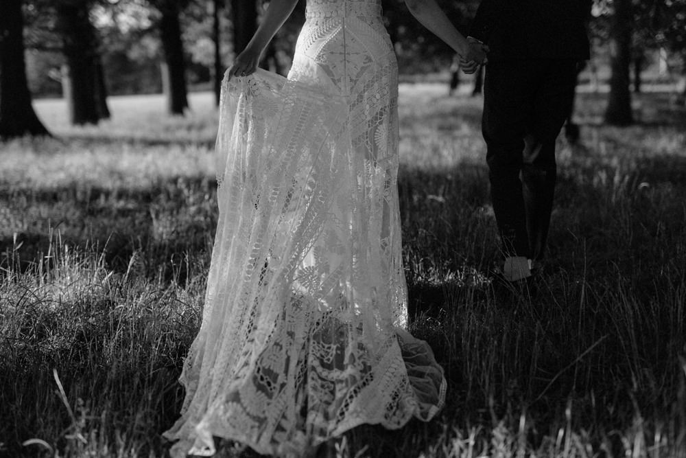 Bride Bridal Dress Gown Rue De Seine Clara Lace Off Shoulder Bardot Veil Boho Bohemian Outdoor Wedding UK Olivia and Dan Photography