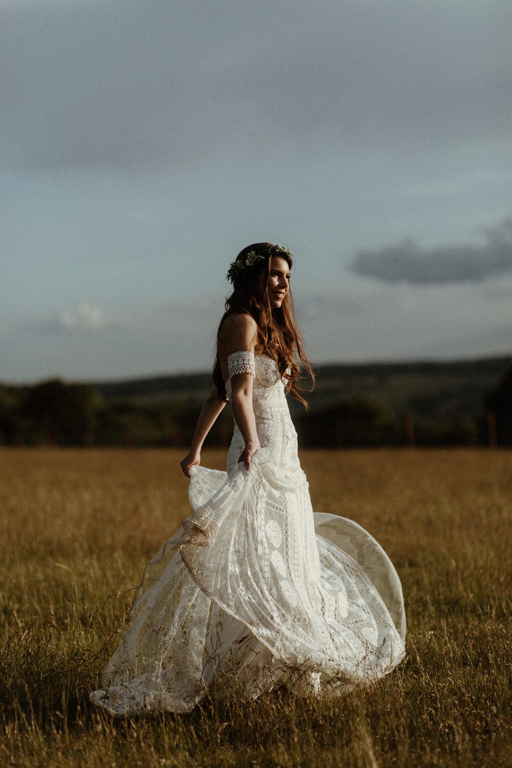 Bride Bridal Dress Gown Rue De Seine Clara Lace Off Shoulder Bardot Veil Boho Bohemian Outdoor Wedding UK Olivia and Dan Photography