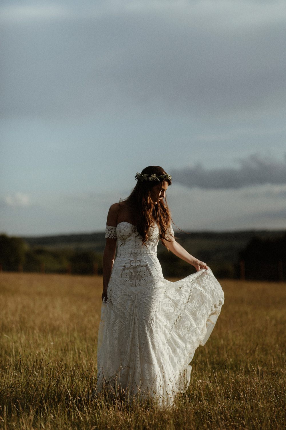 Bride Bridal Dress Gown Rue De Seine Clara Lace Off Shoulder Bardot Veil Boho Bohemian Outdoor Wedding UK Olivia and Dan Photography