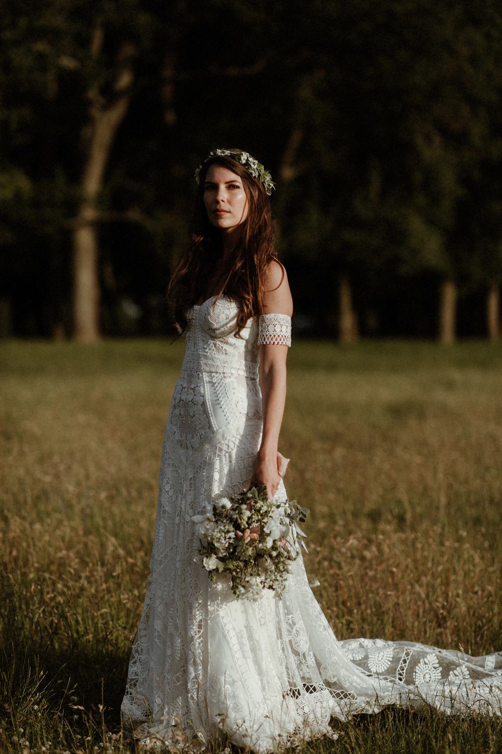 Bride Bridal Dress Gown Rue De Seine Clara Lace Off Shoulder Bardot Veil Boho Bohemian Outdoor Wedding UK Olivia and Dan Photography