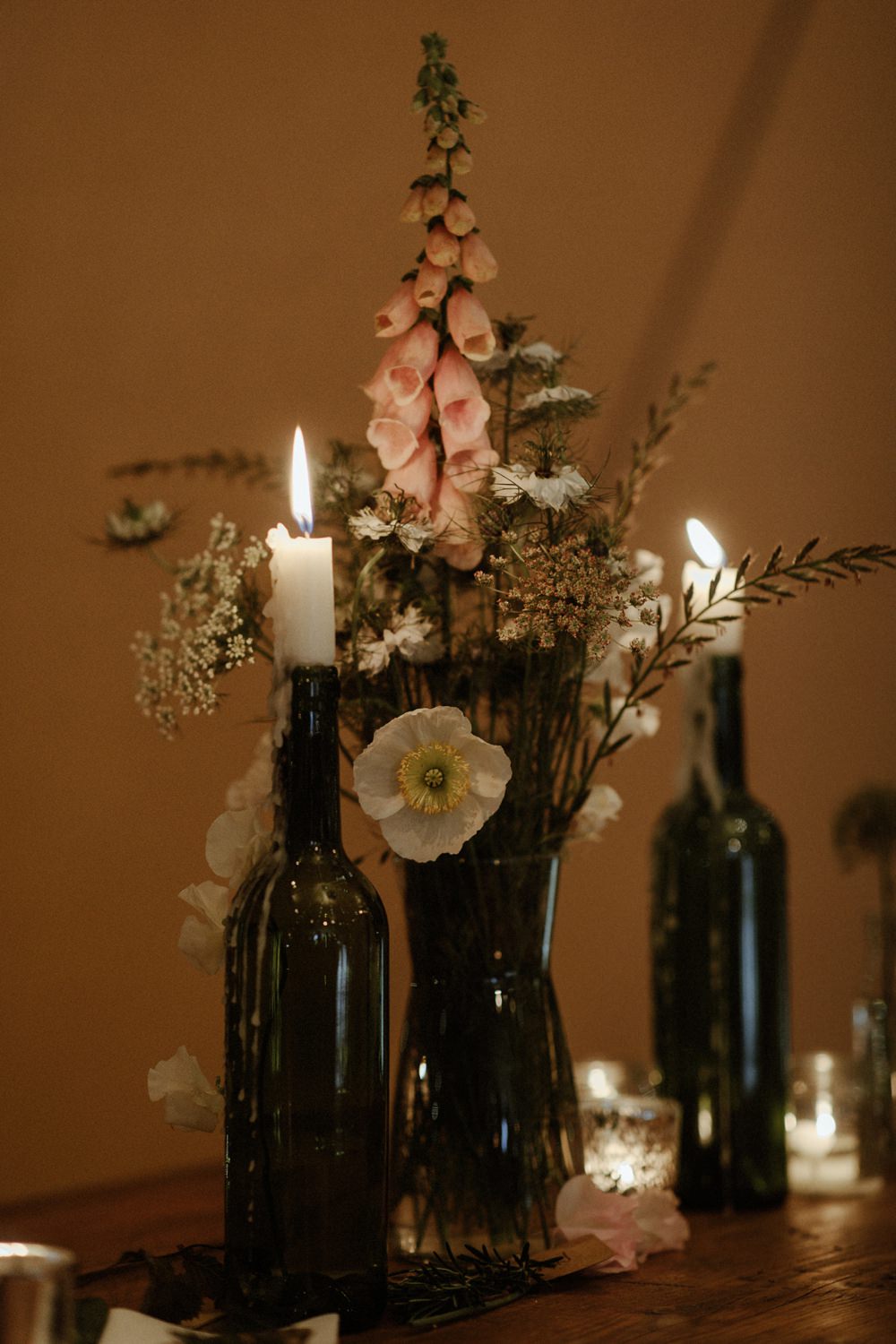 Tipi Reception Decor Decoration Candles Fairy Lights Flowers Outdoor Wedding UK Olivia and Dan Photography