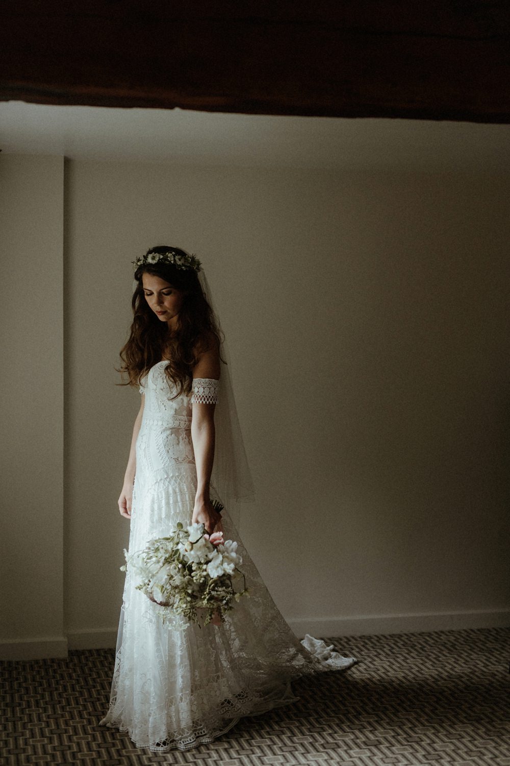 Bride Bridal Dress Gown Rue De Seine Clara Lace Off Shoulder Bardot Veil Boho Bohemian Outdoor Wedding UK Olivia and Dan Photography