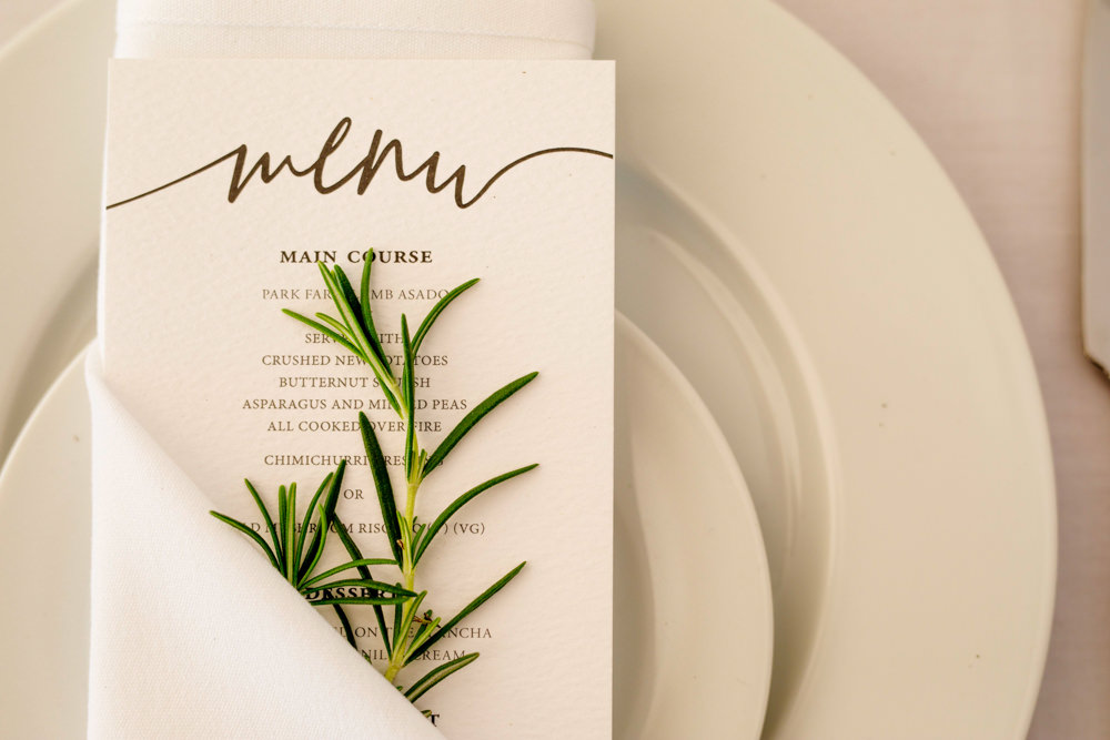 Calligraphy Menu Rosemary Place Setting Park Farm Wedding Everybody Smile Photography