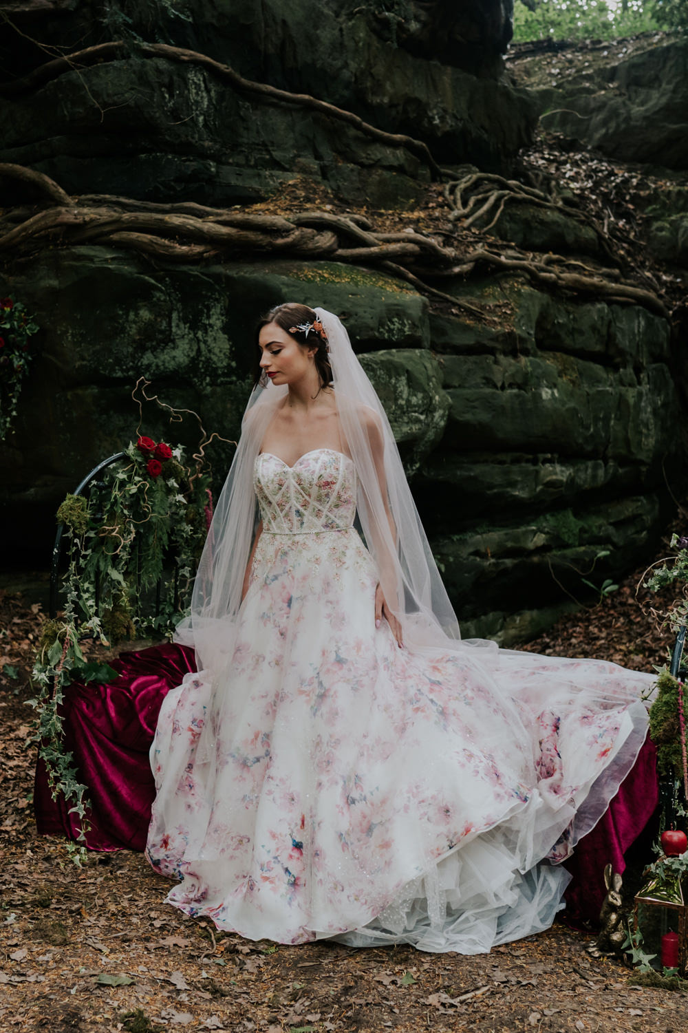 Dress Gown Bride Bridal Pink Floral Tulle Strapless Snow White Wedding Inspiration Joasis Photography