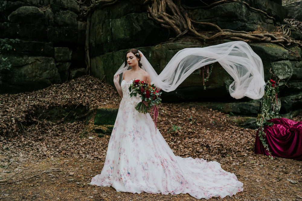 Dress Gown Bride Bridal Pink Floral Tulle Strapless Veil Snow White Wedding Inspiration Joasis Photography