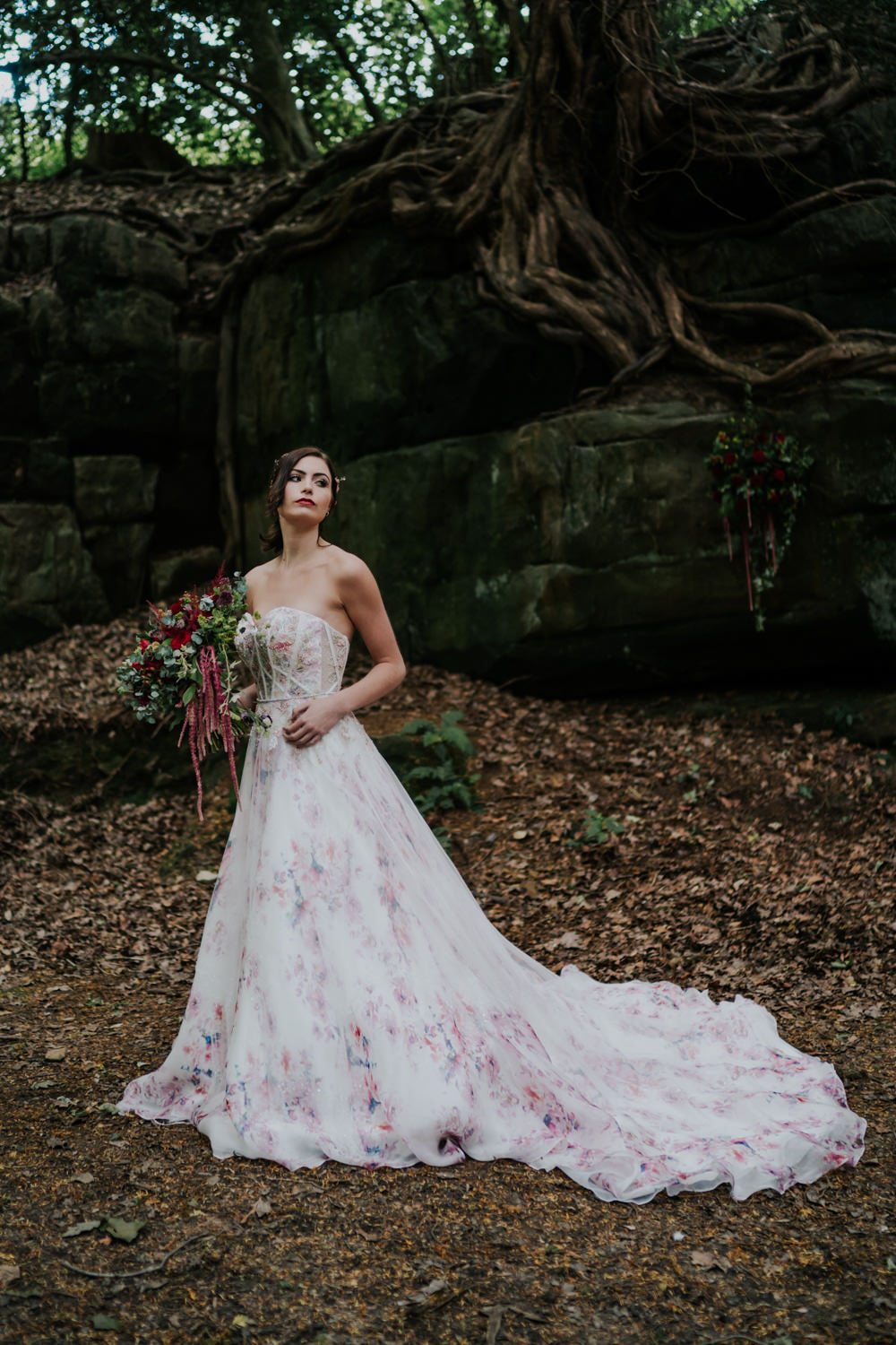 Dress Gown Bride Bridal Pink Floral Tulle Strapless Train Snow White Wedding Inspiration Joasis Photography