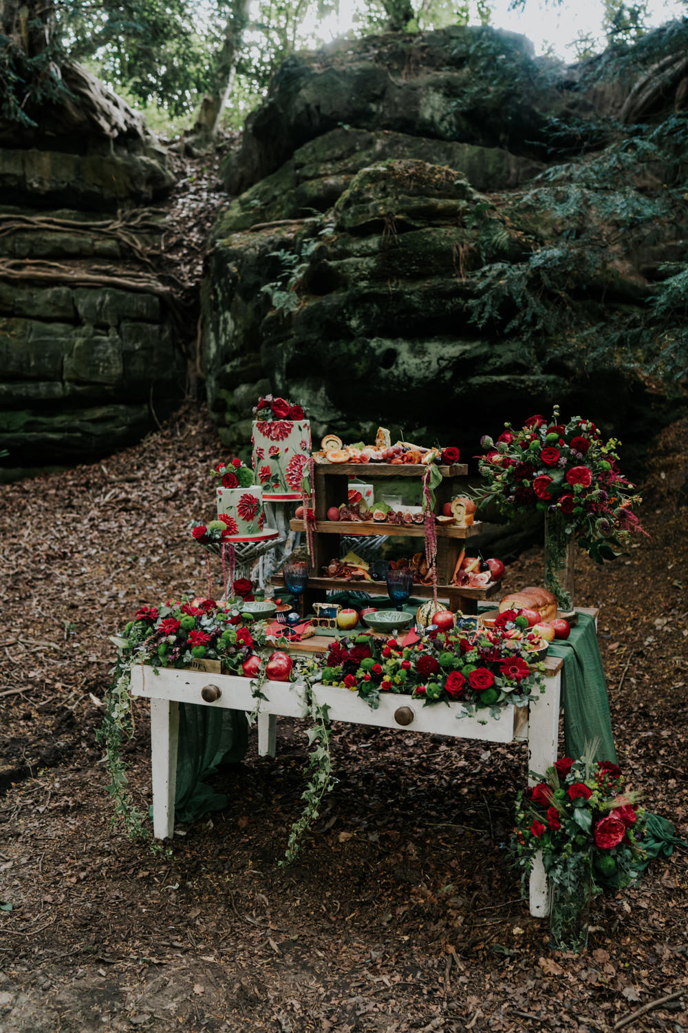 Grazing Table Food Stand Sharing Platter Flowers Opulent Vintage Dresser Cakes Snow White Wedding Inspiration Joasis Photography