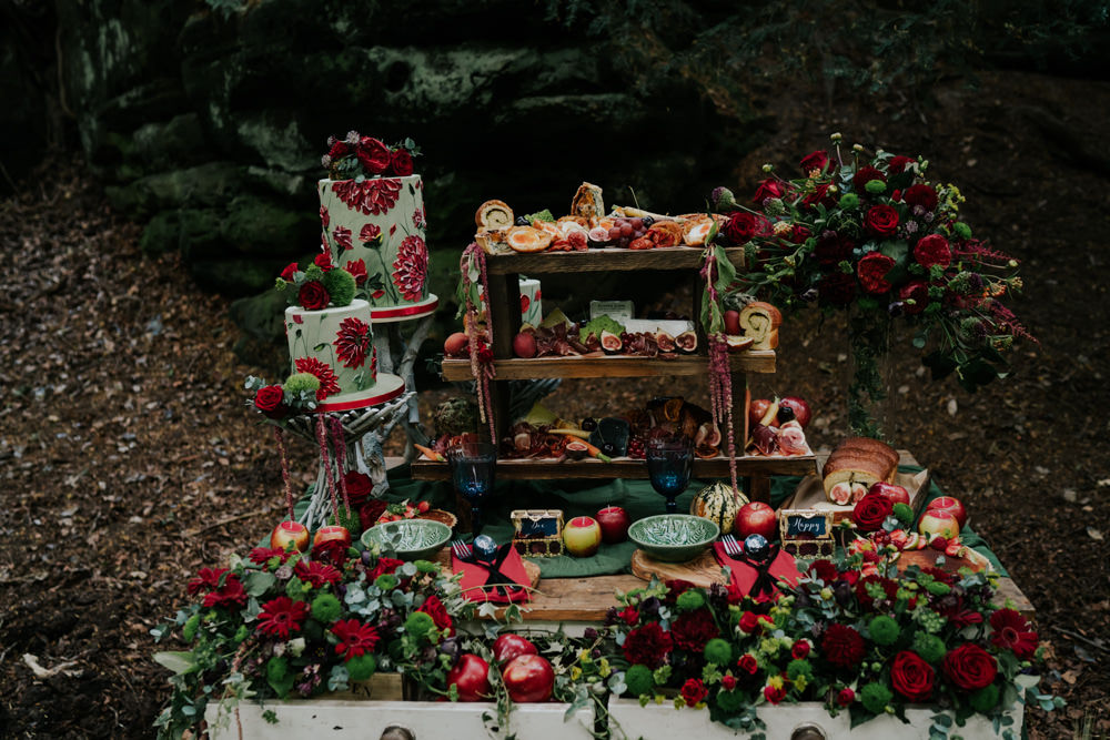 Grazing Table Food Stand Sharing Platter Flowers Opulent Vintage Dresser Cakes Snow White Wedding Inspiration Joasis Photography