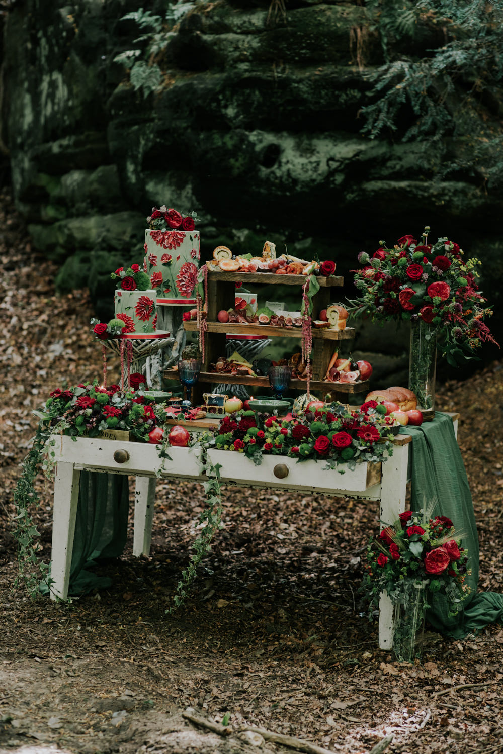 Grazing Table Food Stand Sharing Platter Flowers Opulent Vintage Dresser Cakes Snow White Wedding Inspiration Joasis Photography