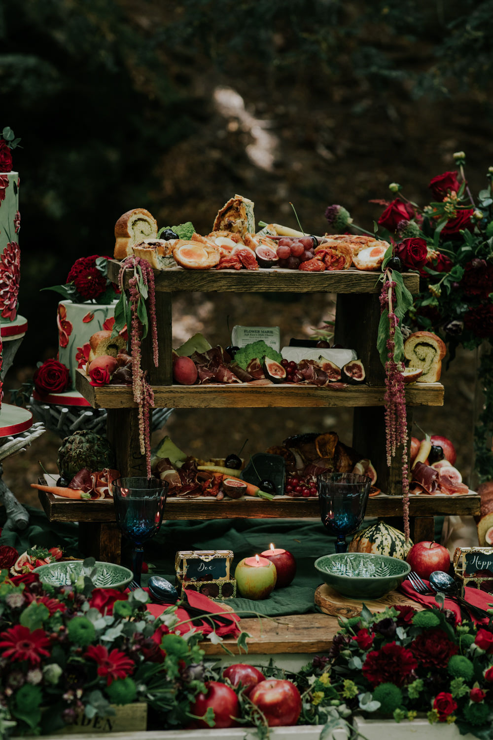 Grazing Table Food Stand Sharing Platter Flowers Opulent Vintage Dresser Cakes Snow White Wedding Inspiration Joasis Photography