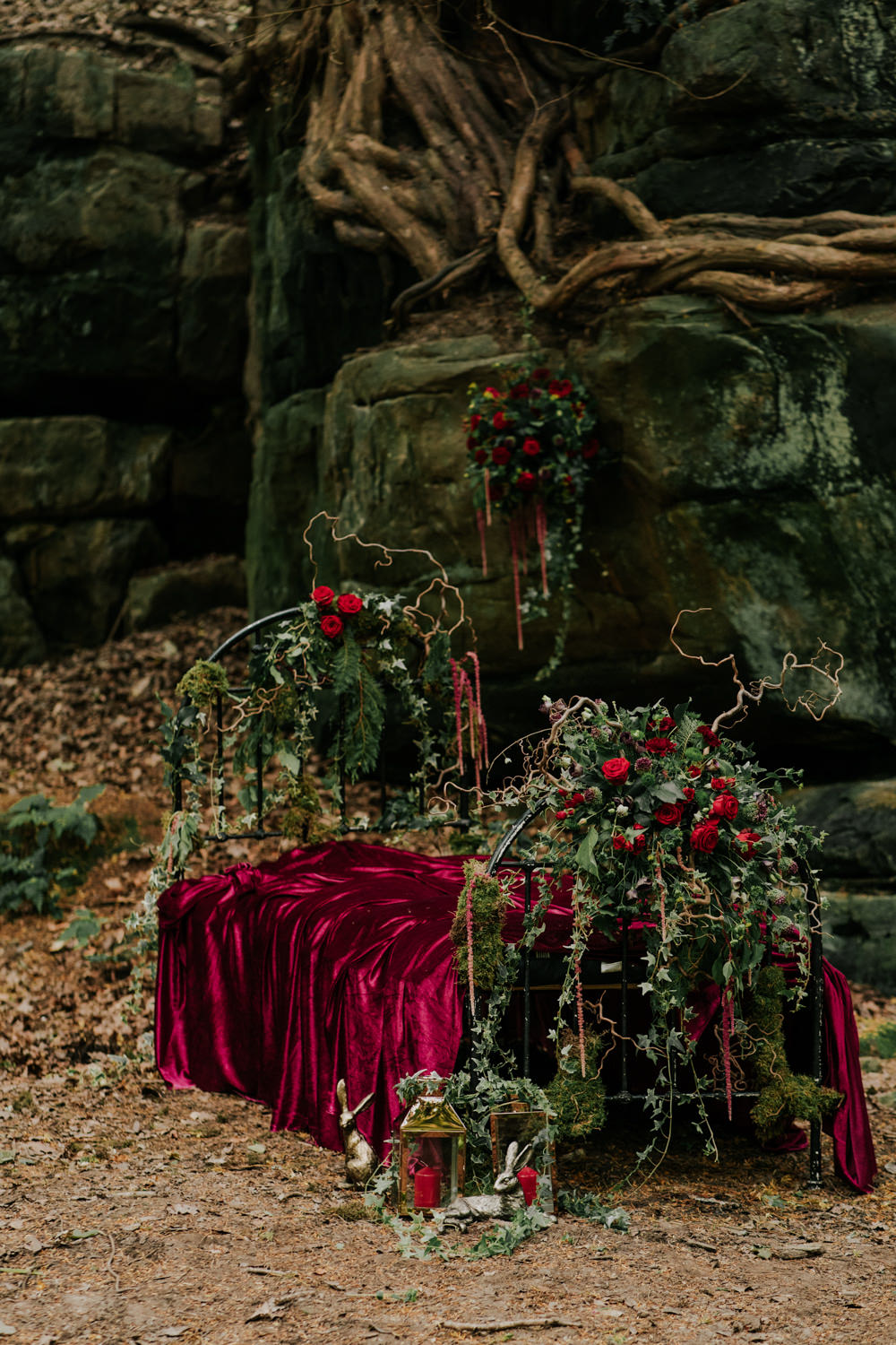 Bed Flowers Floral Greenery Red Rose Ivy Amaranthus Snow White Wedding Inspiration Joasis Photography