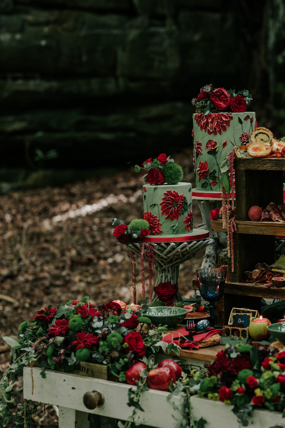 Grazing Table Food Stand Sharing Platter Flowers Opulent Vintage Dresser Cakes Snow White Wedding Inspiration Joasis Photography