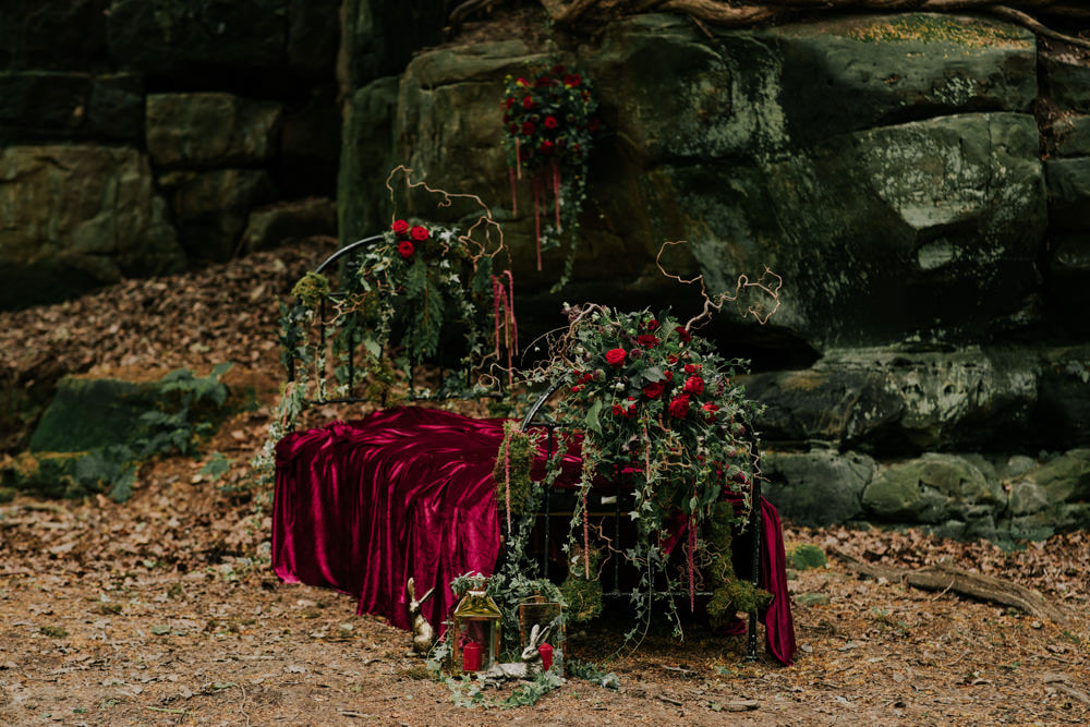 Bed Flowers Floral Greenery Red Rose Ivy Amaranthus Snow White Wedding Inspiration Joasis Photography