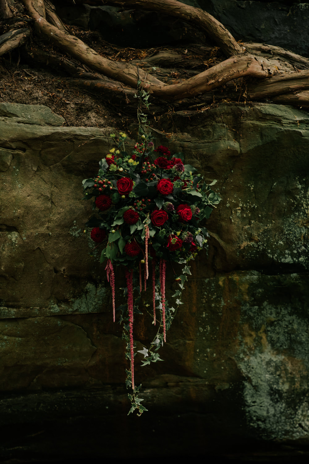 Hanging Suspended Flowers Floral Greenery Red Rose Ivy Amaranthus Snow White Wedding Inspiration Joasis Photography