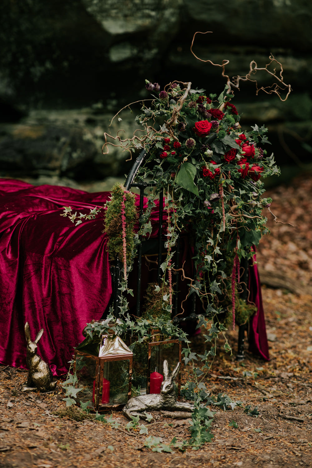 Bed Flowers Floral Greenery Red Rose Ivy Amaranthus Candles Snow White Wedding Inspiration Joasis Photography