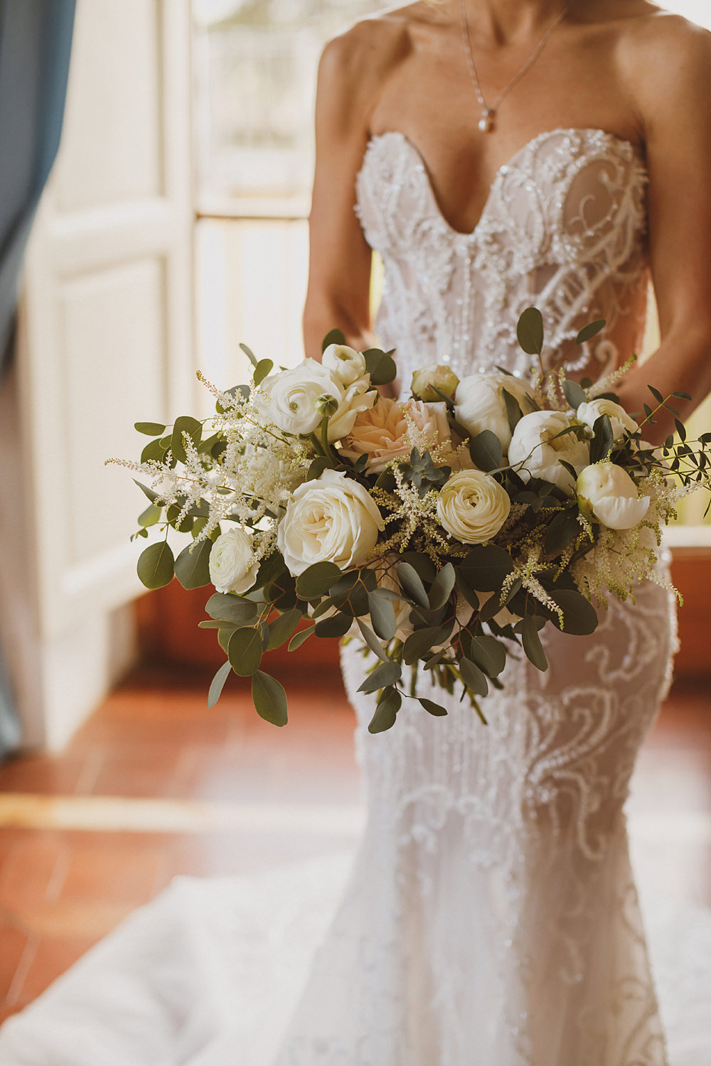 Bouquet Flowers Bride Bridal White Rose Astilbe Ranunculus Greenery Foliage Villa Gamberaia Wedding Ed Peers Photography
