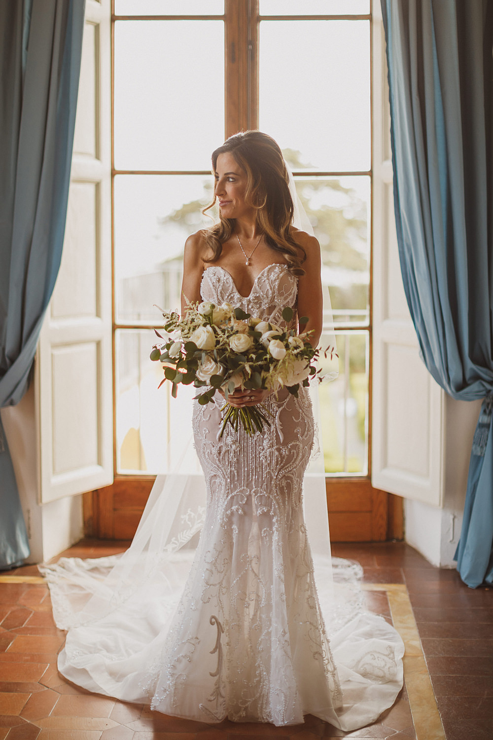 Dress Gown Bride Bridal Pallas Couture Fishtail Fit Flare Beaded Train Veil Villa Gamberaia Wedding Ed Peers Photography