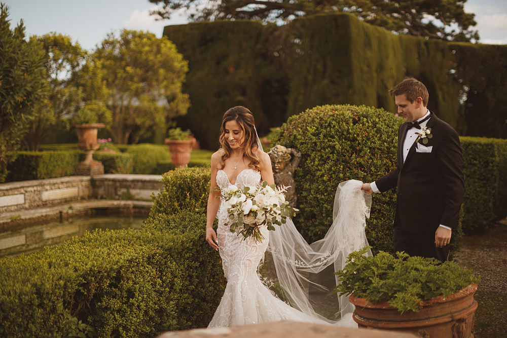 Dress Gown Bride Bridal Pallas Couture Fishtail Fit Flare Beaded Train Veil Villa Gamberaia Wedding Ed Peers Photography