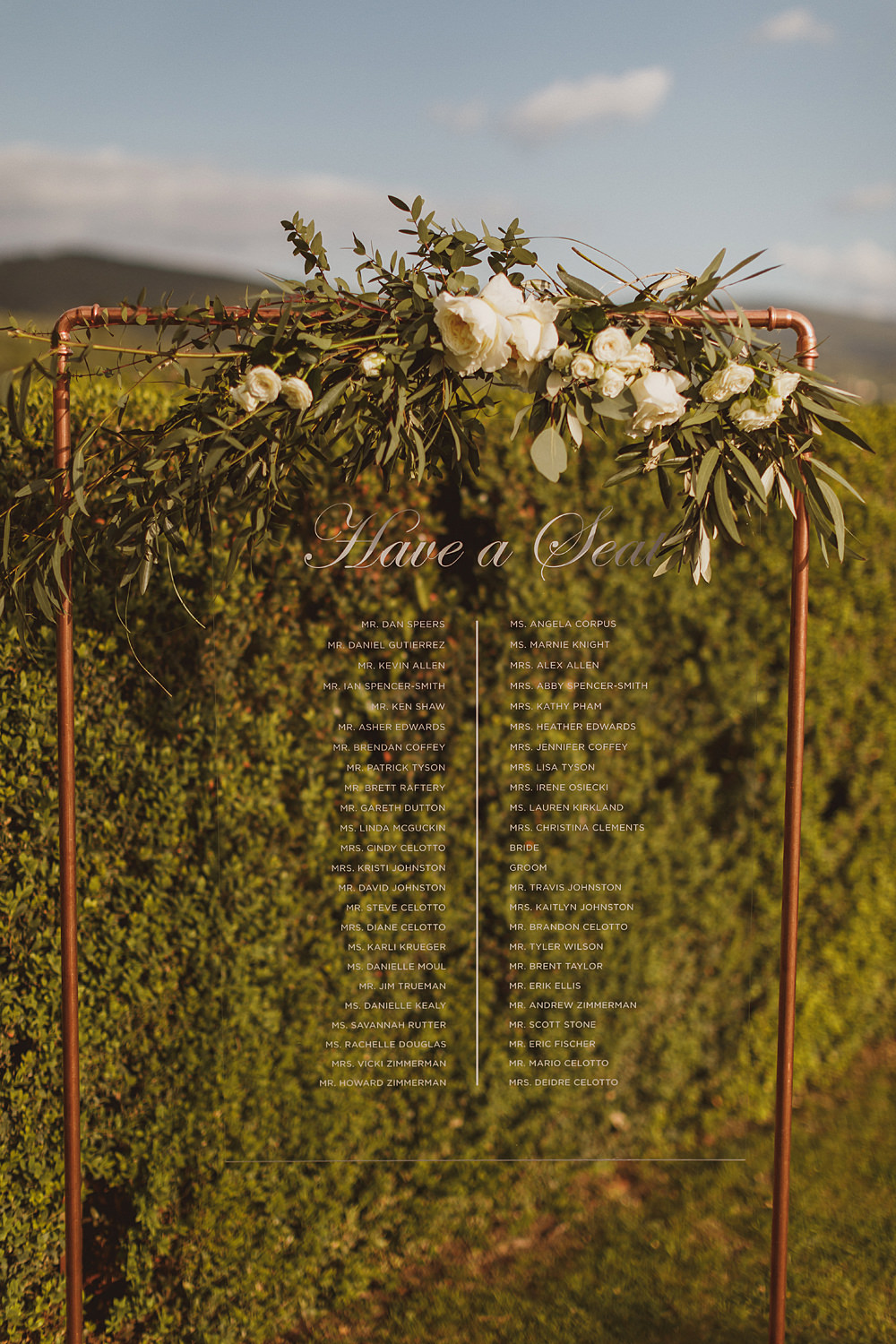 Table Plan Seating Chart Perspex Acrylic Glass Calligraphy Copper Pipe Frame Flowers Villa Gamberaia Wedding Ed Peers Photography