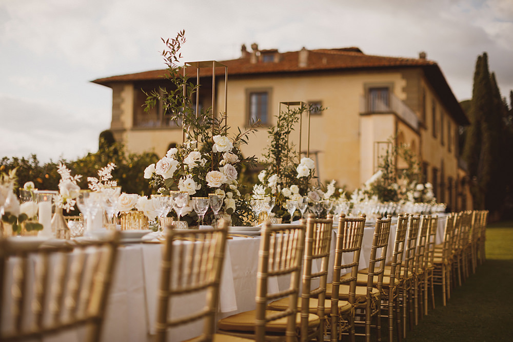Long Tables Outdoor Reception Flowers Candles Gold Decor Decoration Villa Gamberaia Wedding Ed Peers Photography