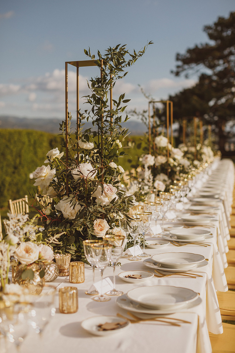 Table Centrepiece Tall Metal Flowers White Rose Astilbe Ranunculus Greenery Foliage Villa Gamberaia Wedding Ed Peers Photography