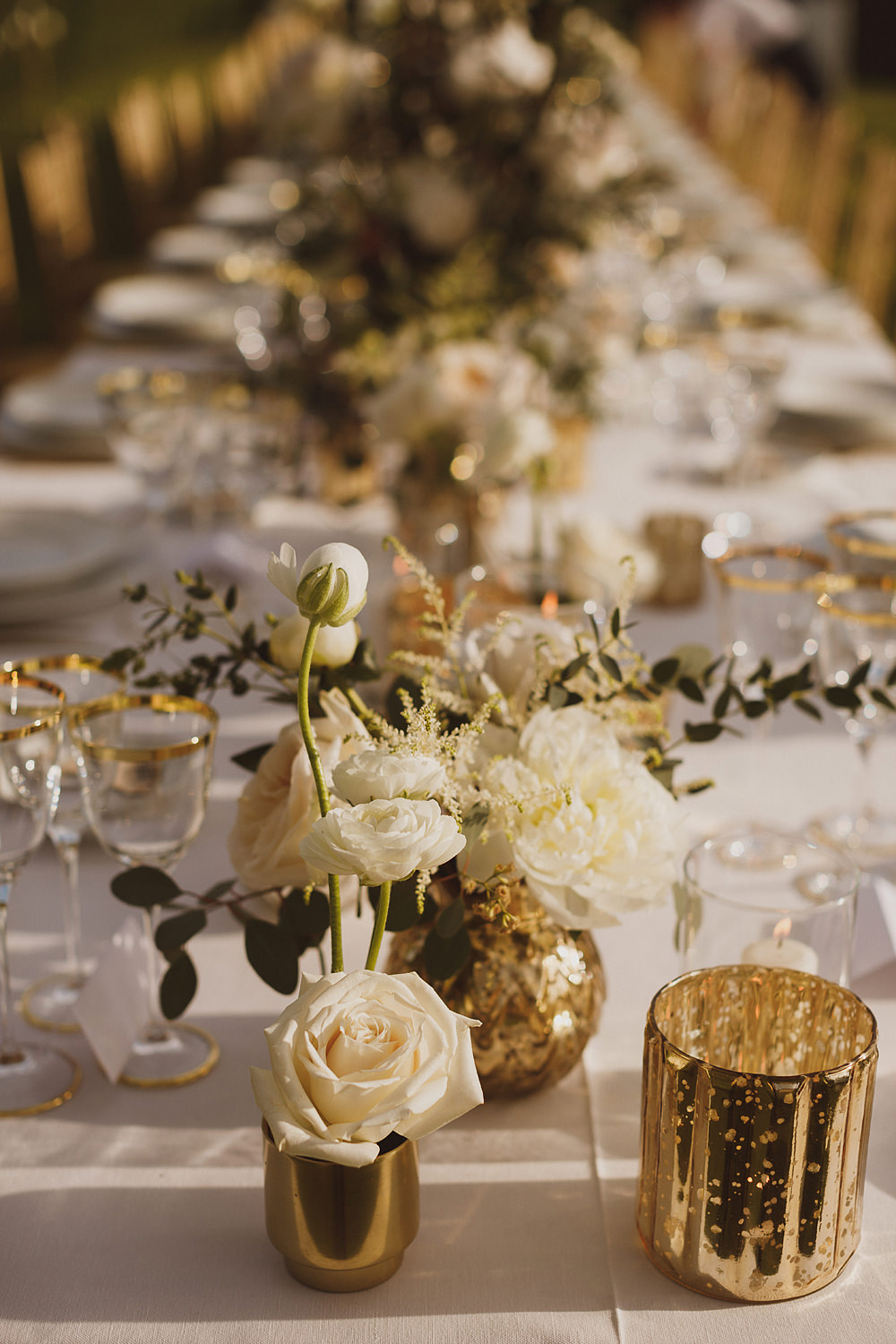 Long Tables Outdoor Reception Flowers Candles Gold Decor Decoration Villa Gamberaia Wedding Ed Peers Photography