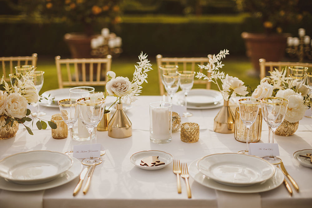 Long Tables Outdoor Reception Flowers Candles Gold Decor Decoration Villa Gamberaia Wedding Ed Peers Photography