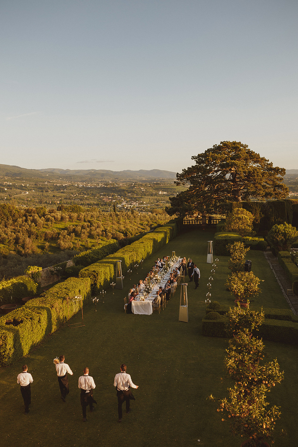 Long Tables Outdoor Reception Festoon Lights Lighting Villa Gamberaia Wedding Ed Peers Photography