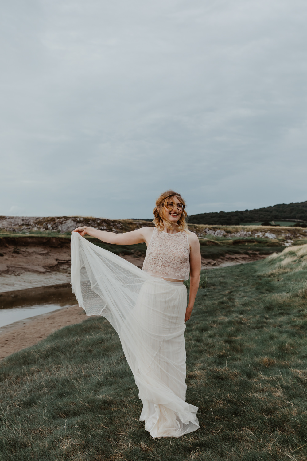 Dress Gown Bride Bridal Tulle Skirt Crop Top Lace Bird Hide Wedding Stevie Jay Photography