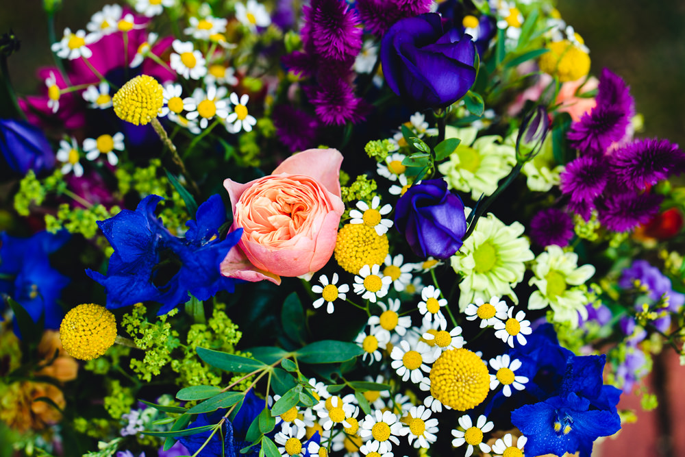 Bouquet Flowers Bride Bridal Colourful Bright Daisy Rose Birtsmorton Court Wedding The Dignums
