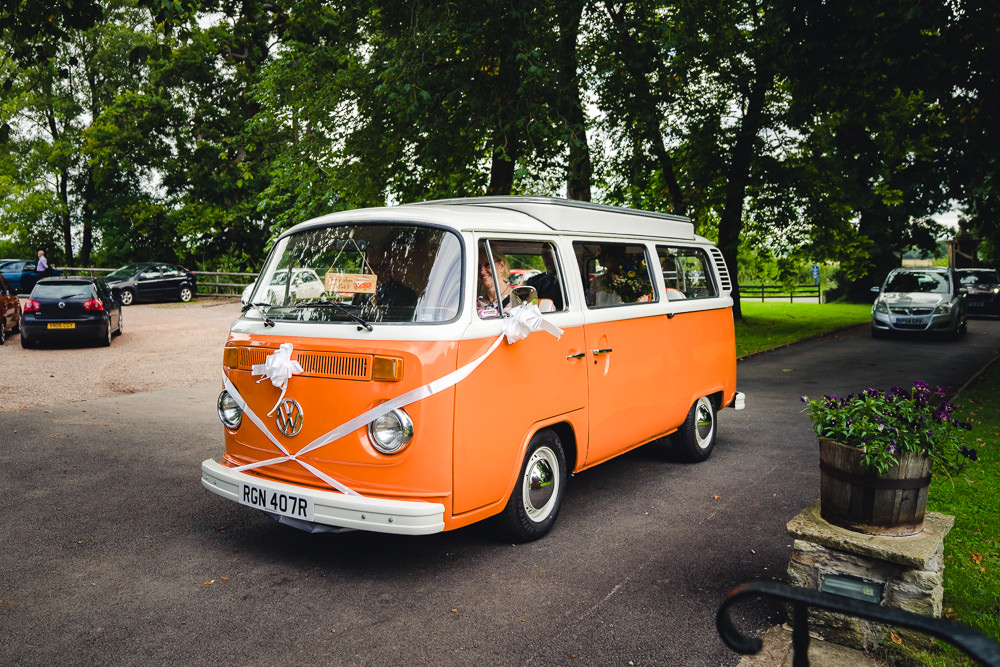 Orange VW Campervan Transport Birtsmorton Court Wedding The Dignums