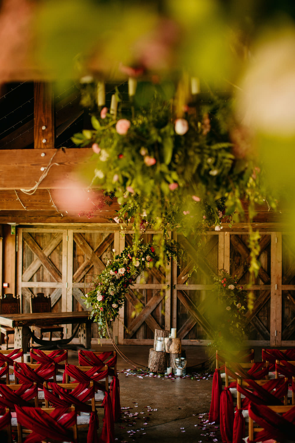 Moon Gate Flower Arch Half Moon Backdrop Ceremony Aisle Burgundy Barn Wedding Jarek Lepak