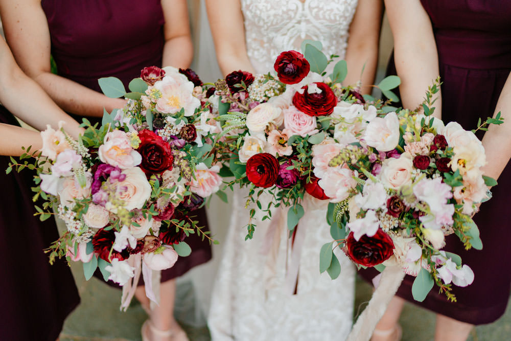 Bouquet Flowers Bride Bridal Bridesmaid Blush RIbbon Rose Burgundy Barn Wedding Jarek Lepak