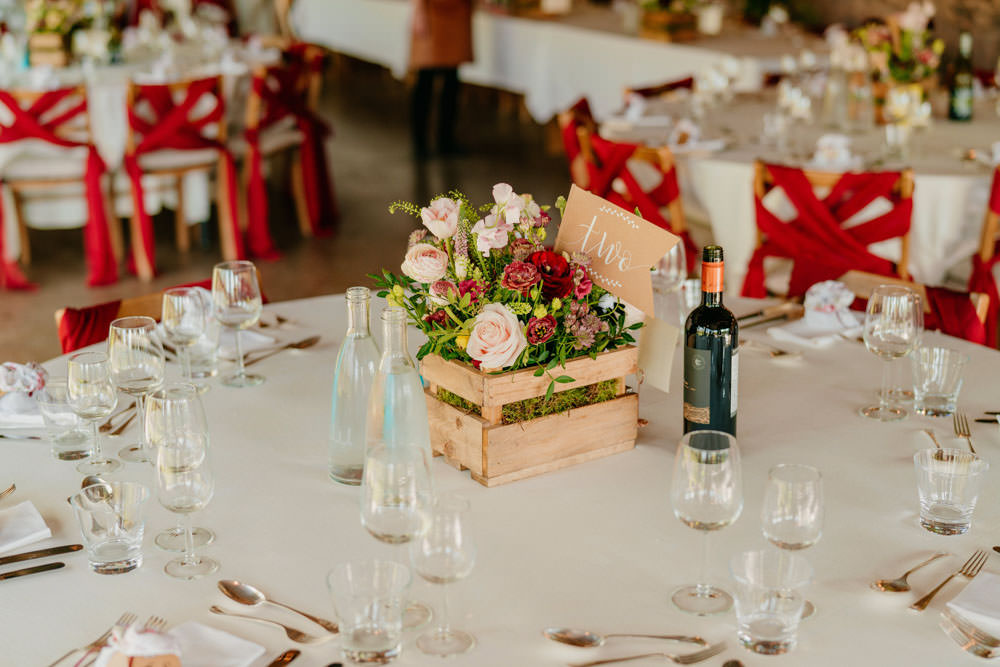 Crate Box Flowers Centrepiece Decor Burgundy Barn Wedding Jarek Lepak